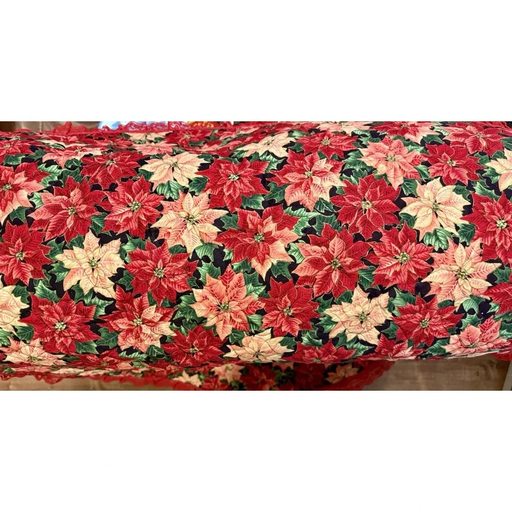 Vintage Reversible Quilted Christmas Table Topper Poinsettia Lace 45